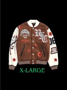 Civil Regime Rose Garden Letterman Jacket in Butter/Reaper Brown XL